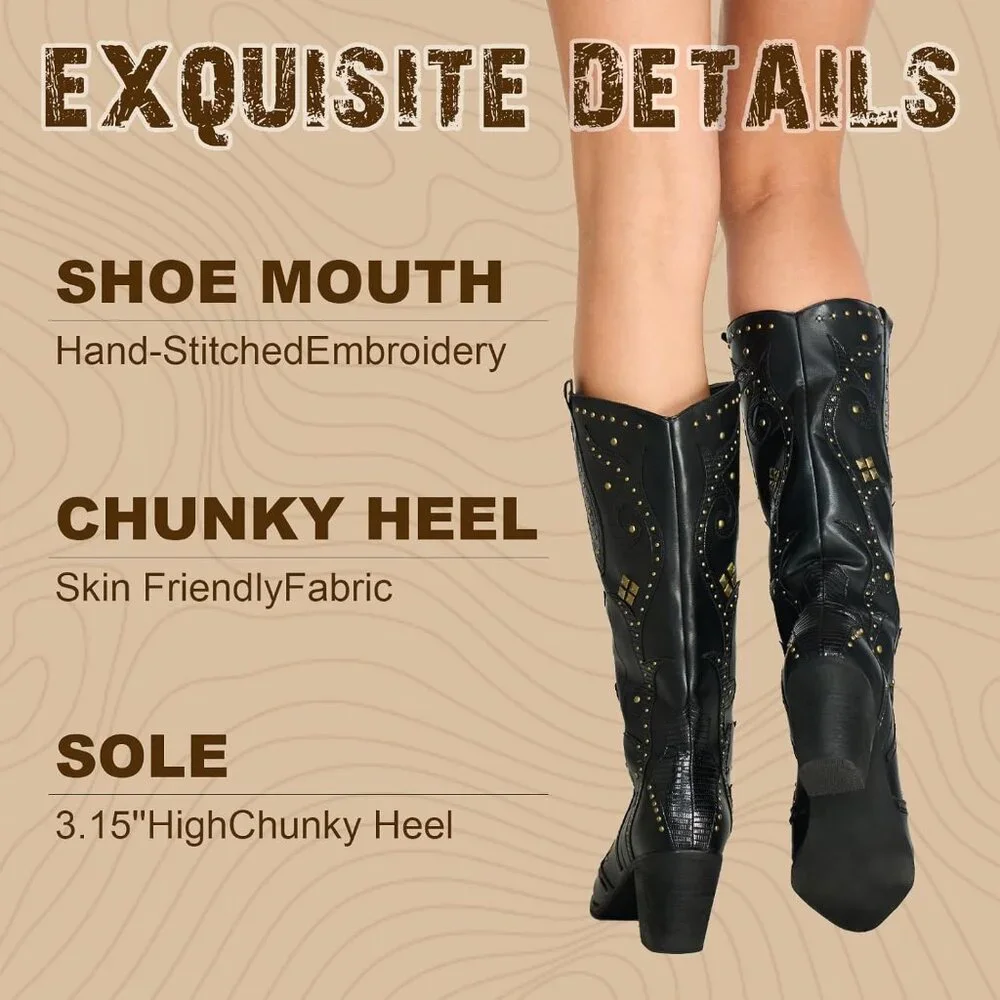 Women’s Leather Pointed Toe Chunky Heel Embroidered Mid Calf Design Black Boot - Picture 4 of 5